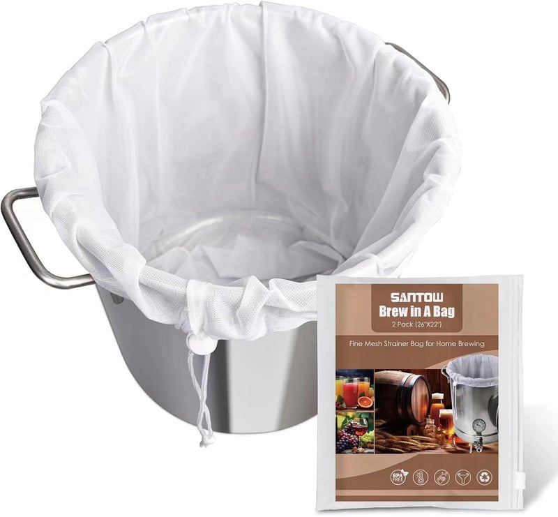 SANTOW Brew Bags, Mesh Strainer Bag, Reusable Mesh Bag for Home Brewing, 2 Pack Extra Large Filter Bag for Beer, Nut, Milk, Cold Brew, Fruit Wine Press Drawstring Straining Brew in a Bag (26" x 22") - Image 1